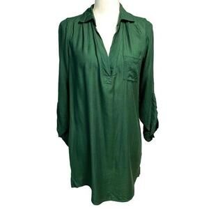 Sparkle & Fade Loose Fit Split Neckline Green Pocket Satin Shirt Dress Sz Medium